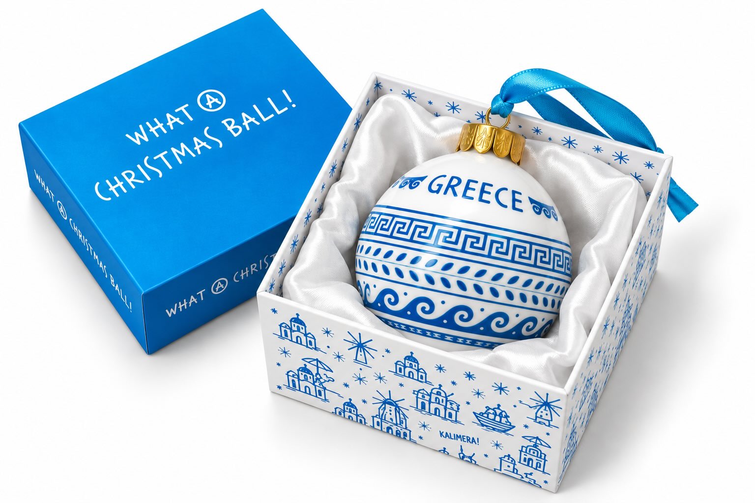 ATP – řecká keramická vánoční baňka GREECE ANCIENT 01 MEANDER, bílo-modrá